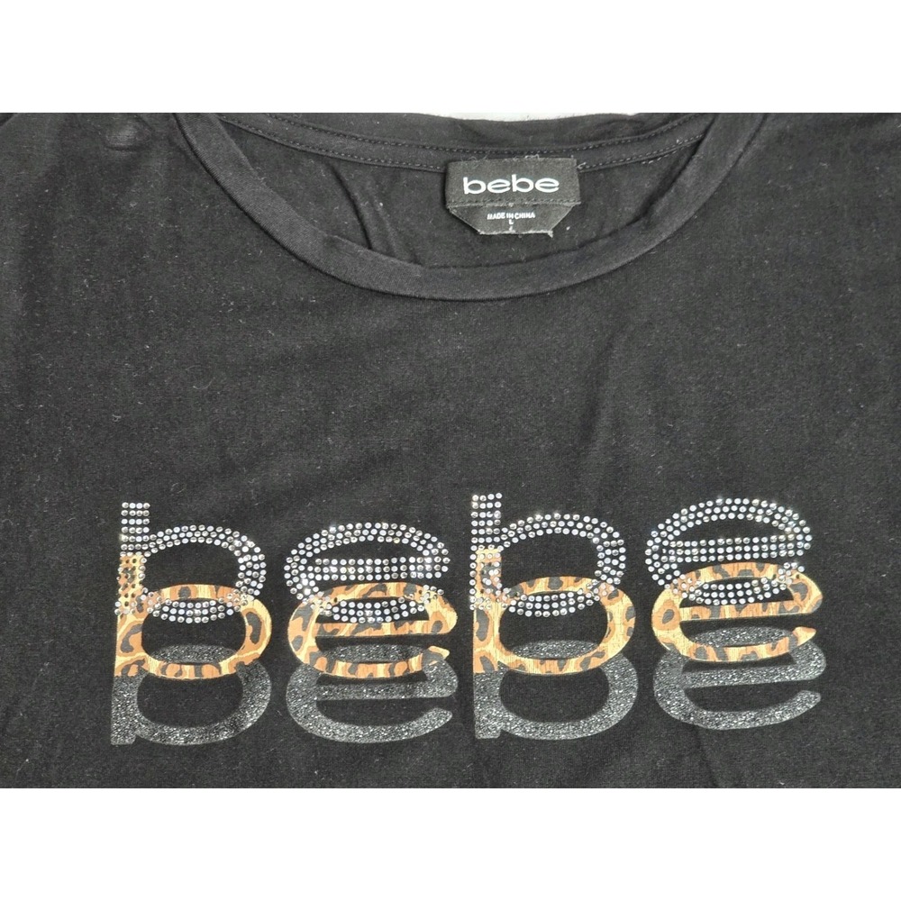 BEBE T Shirt Womens Black Short Sleeve Rhinestone Logo Animal Print SZ LG - Picture 3 of 9
